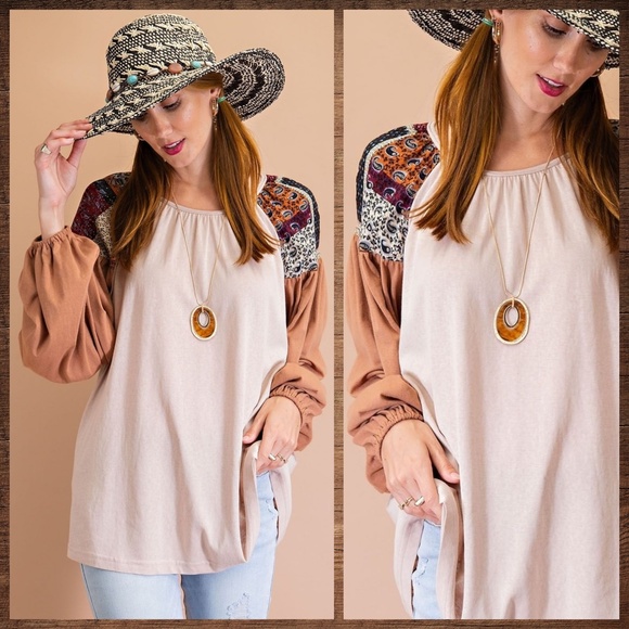 EASEL Tribal Aztec Print Silky Balloon Bubble Sleeve Top Jersey - T-Shirt Bodice - Picture 10 of 12